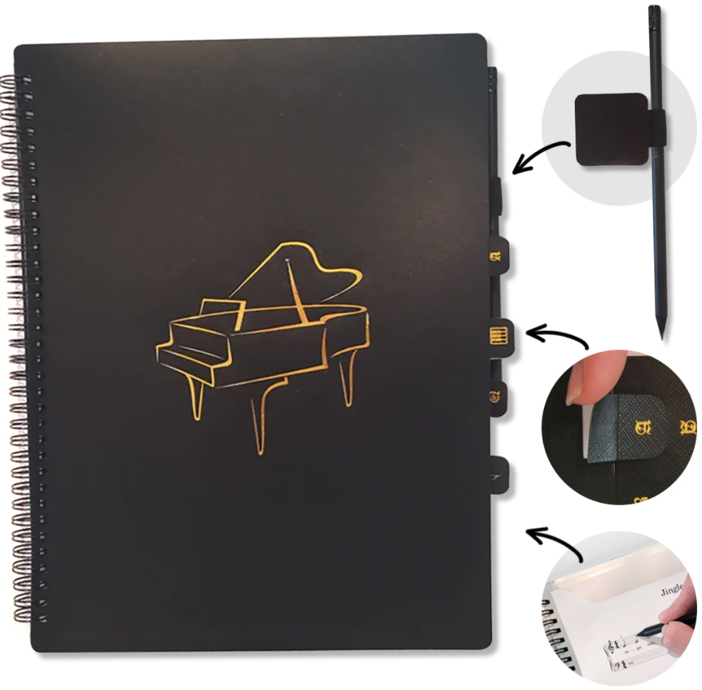 Premium Piano Folder featuring Divider Tabs for Easy Navigation and a Built-In Pencil Holder, designed to keep sheet music organized and accessible during practice sessions. Ideal for pianists who want a convenient, all-in-one solution for managing music